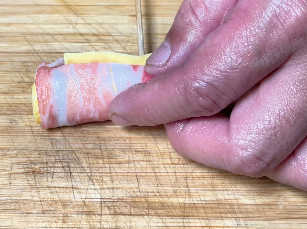 豚バラ肉の層を巻き上げ、竹串を刺して円筒状に固定している手。