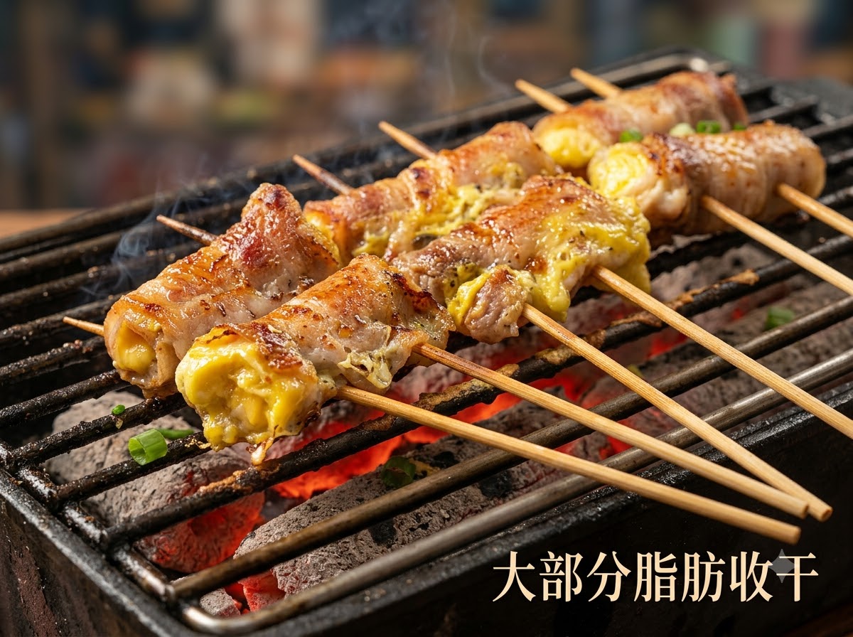 炭火の上で脂が落ちながらジューシーに焼けている肉巻きに、クミンパウダーやスパイスが振りかけられているところ。