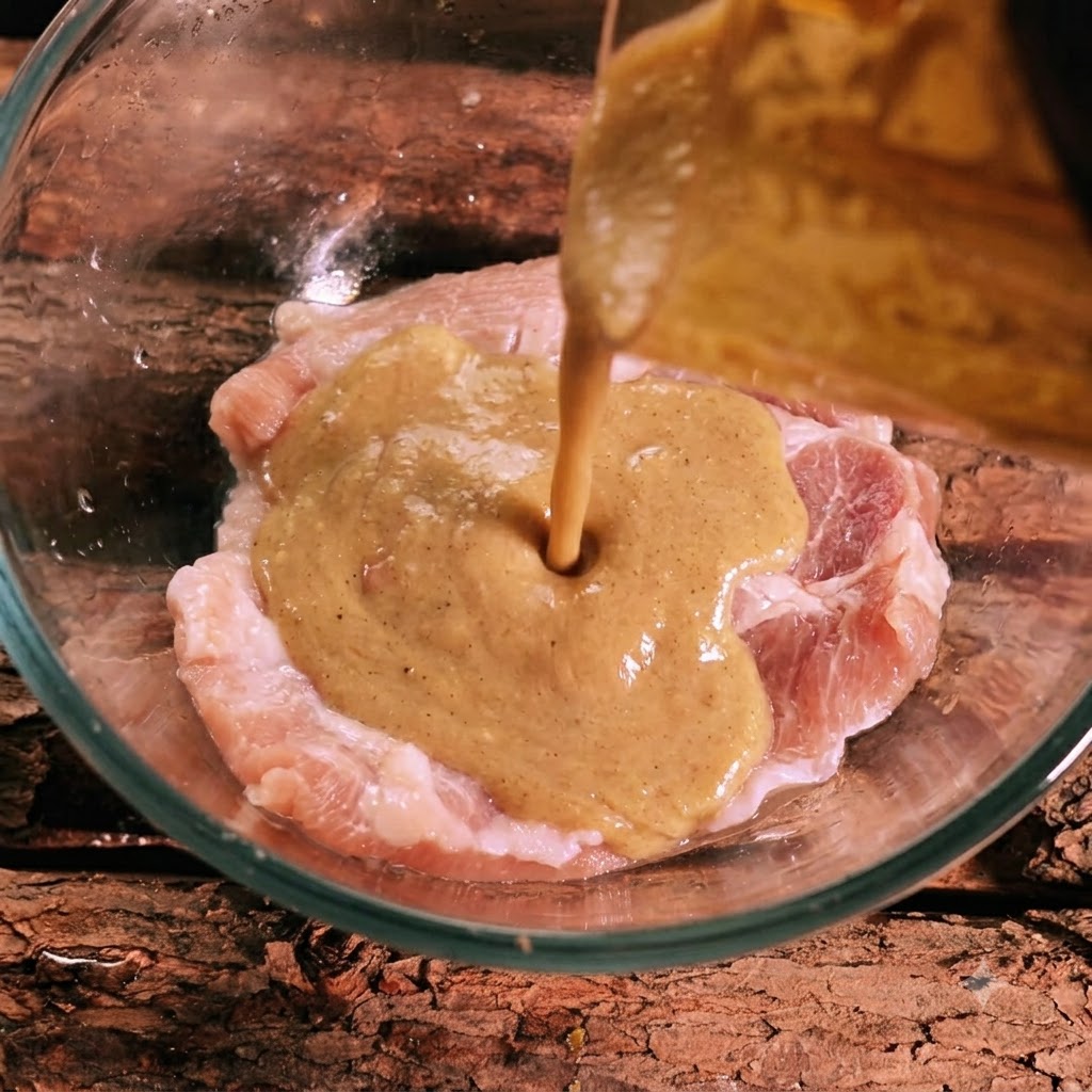 透明なガラスボウルの中の生豚肉に、濃厚なブレンドマリネ液が注がれている様子。