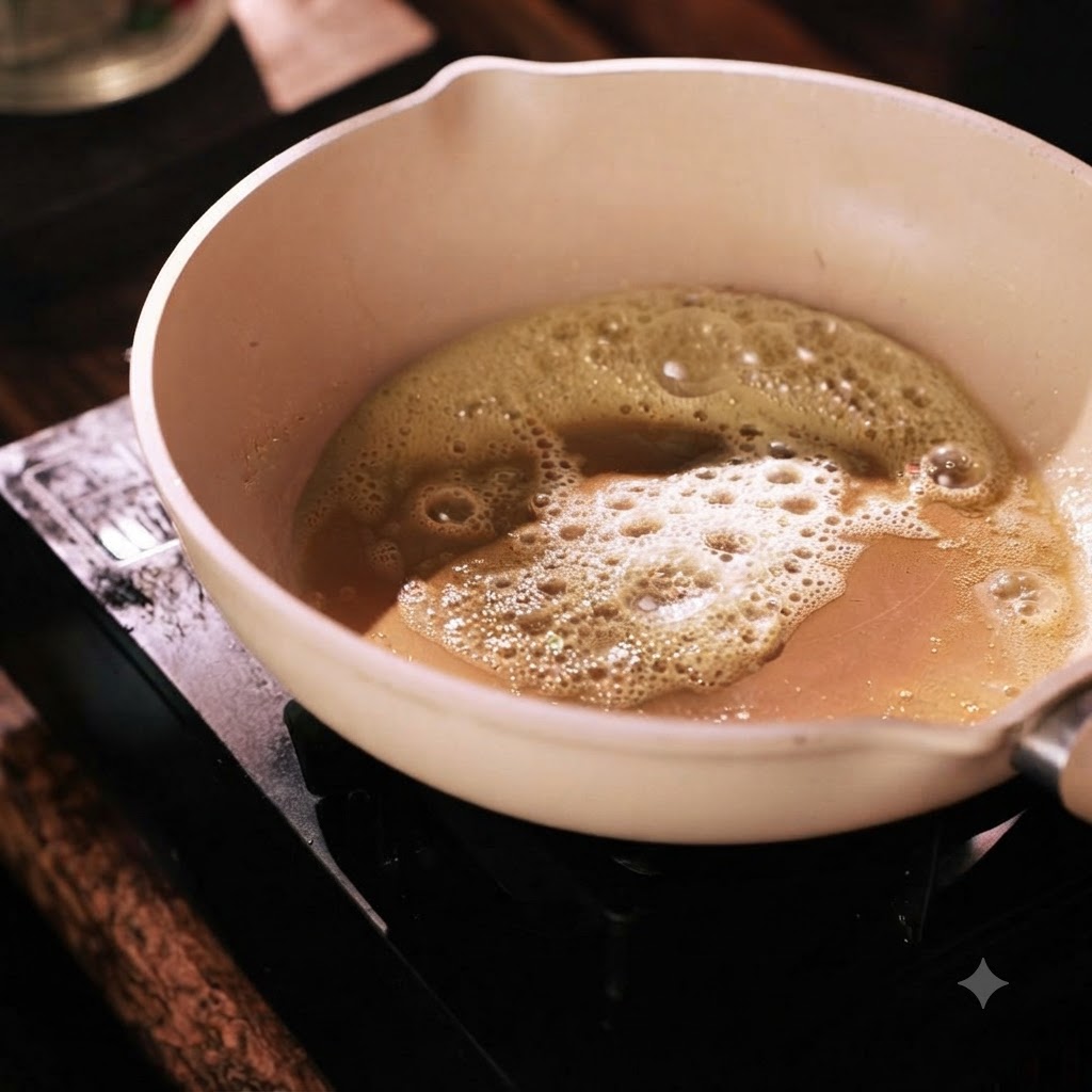 ピンク色のフライパンの中で、バターが溶けて泡立ち、小麦粉が混ぜ合わされている様子。