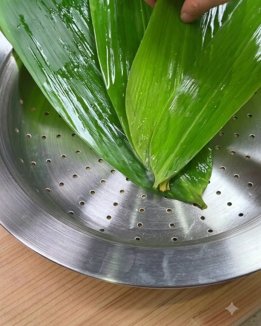 清洗干净的绿色粽叶整齐铺在圆形金属蒸笼底部。
