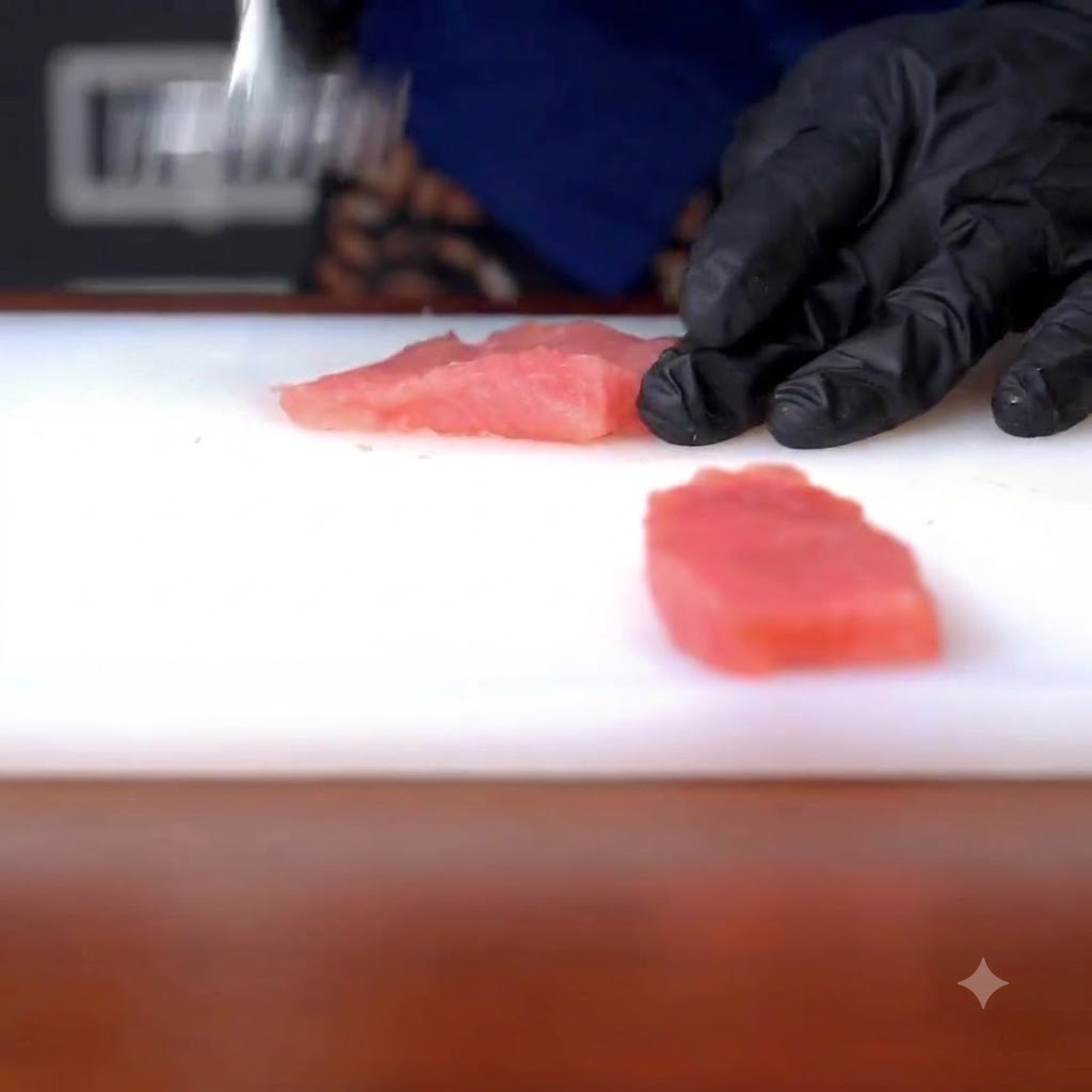 金属製のミートハンマーで生の豚肉の切り身を叩いている様子。