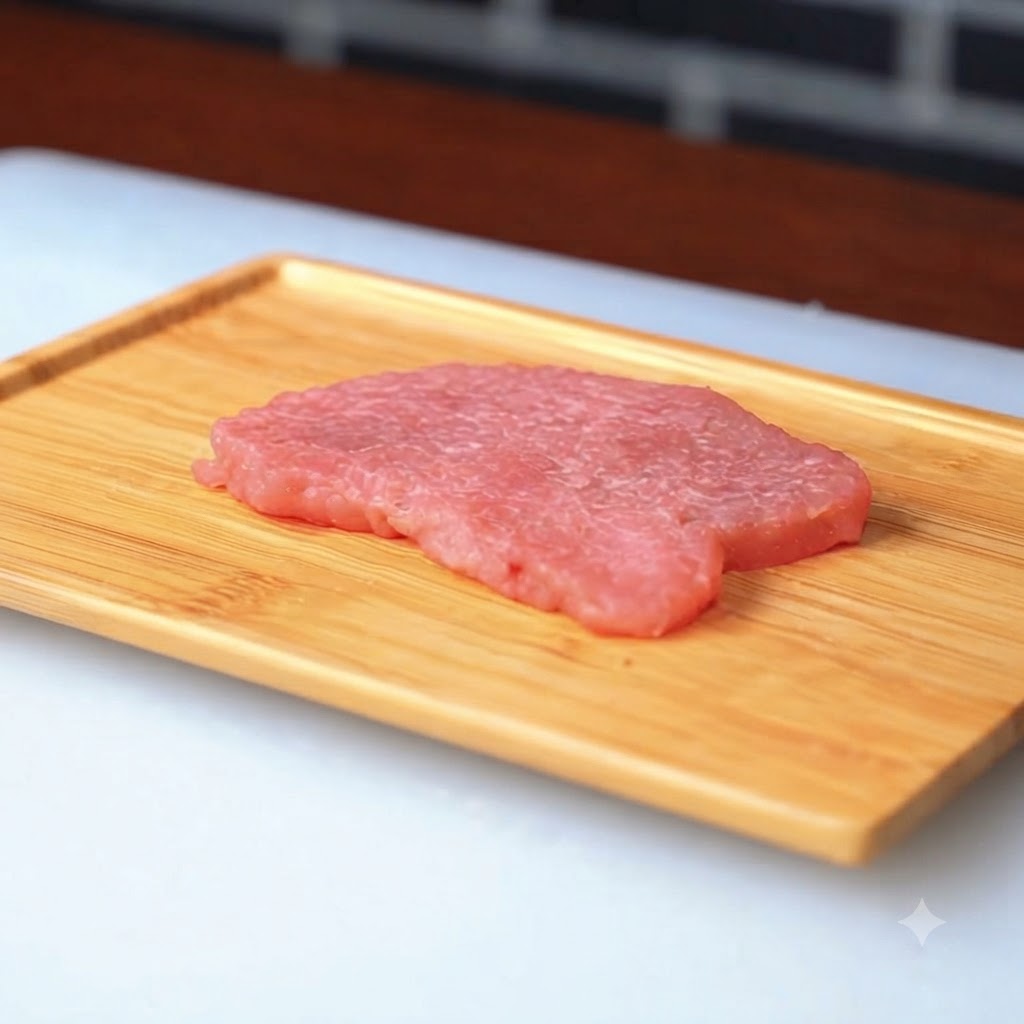 小麦粉をまぶした後に木製のボードに置かれた生の豚肉。