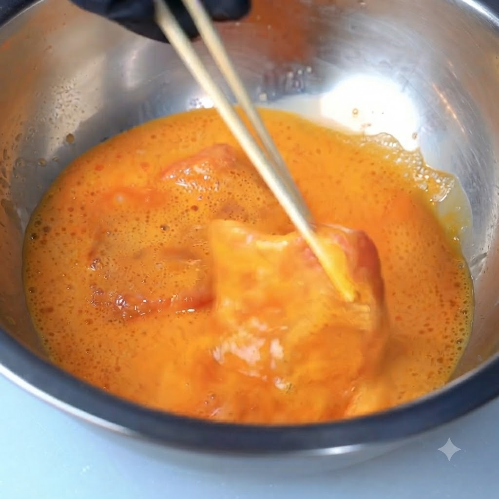 箸を使って、小麦粉をまとった豚肉をオレンジ色の卵液の入ったボウルに浸している様子。