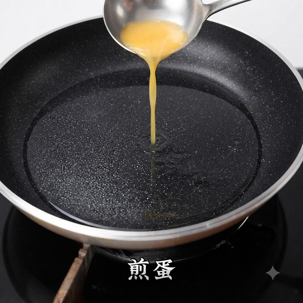 お玉を使って、熱したフライパンに溶き卵を流し込んで薄焼き卵を作っている様子。