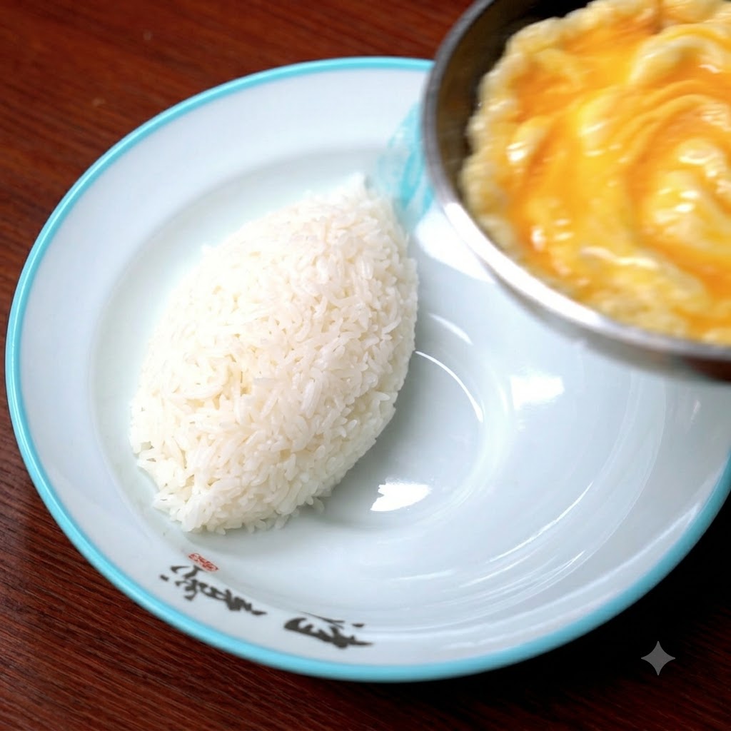 焼き上がった薄焼き卵をフライパンから皿に移し、白ご飯の上に重ねる様子。