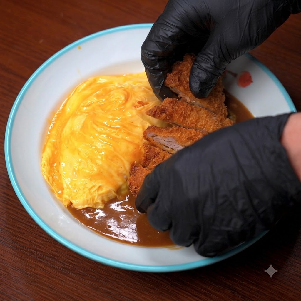 手袋を着用した両手が、オムレツとご飯が乗ったカレー皿の上にスライスしたポークカツを並べている様子。