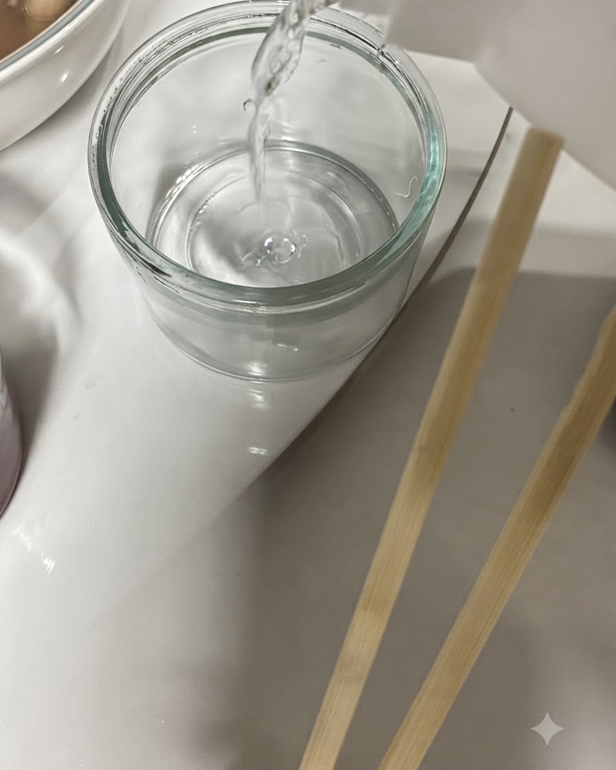 スープとご飯の横で、瓶から小さなおちょこへと透明なお酒が注がれている様子。