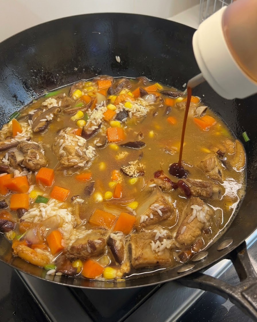 お米、肉、野菜が入った中華鍋に、ソースや調味料が注ぎ込まれているところ。
