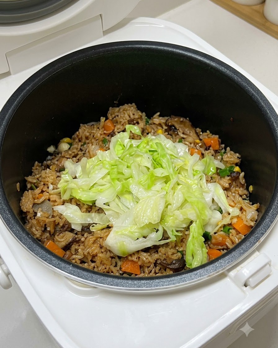 炊飯器の中のご飯の上に、軽く炒められた緑色のキャベツが乗せられている様子。