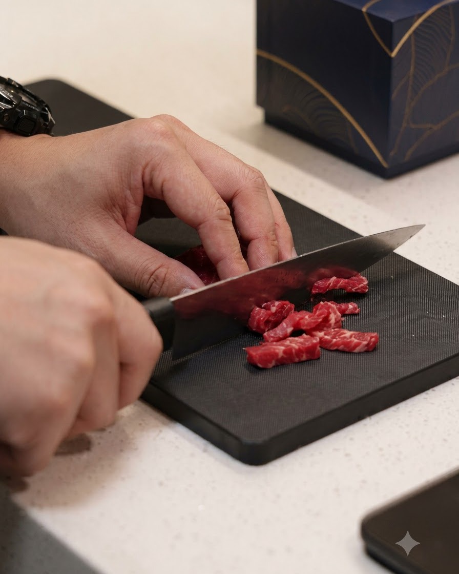 黒いまな板の上で、牛肉が小さく薄い細切りにされている様子。