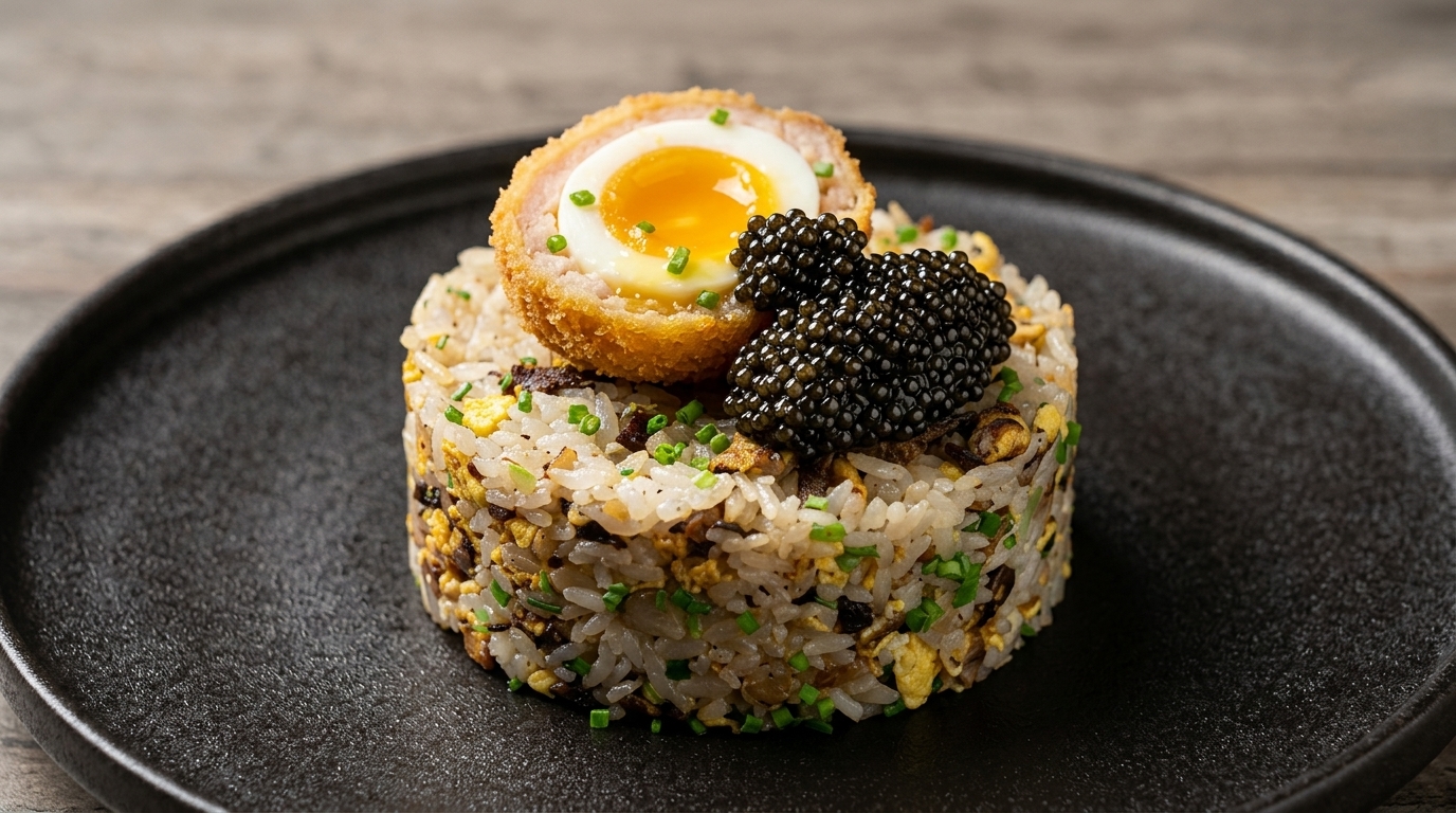 黒トリュフ香るビーフチャーハン スコッチエッグとキャビアを添えて