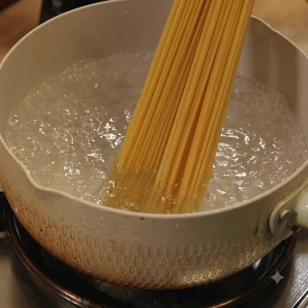 コンロの上の沸騰したお鍋に乾燥スパゲッティを入れている様子。