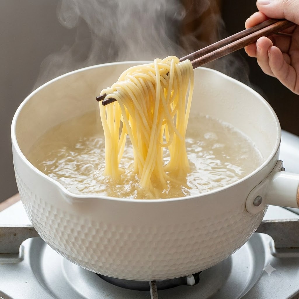 熱したフライパンに調理油を注ぎ、湯気が立っている様子。