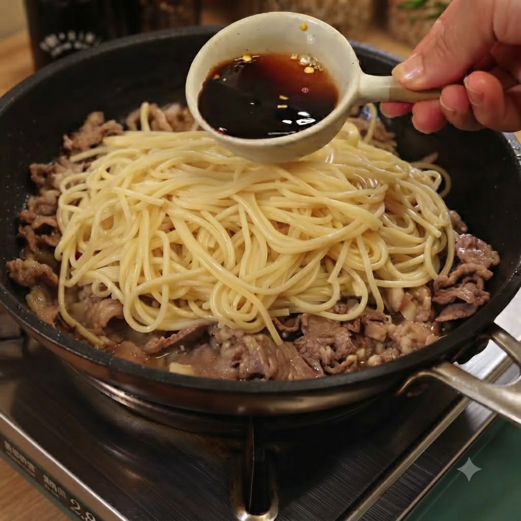 お玉一杯の濃い旨味ソースを、フライパンの麺と牛肉の上から回し掛けている様子。
