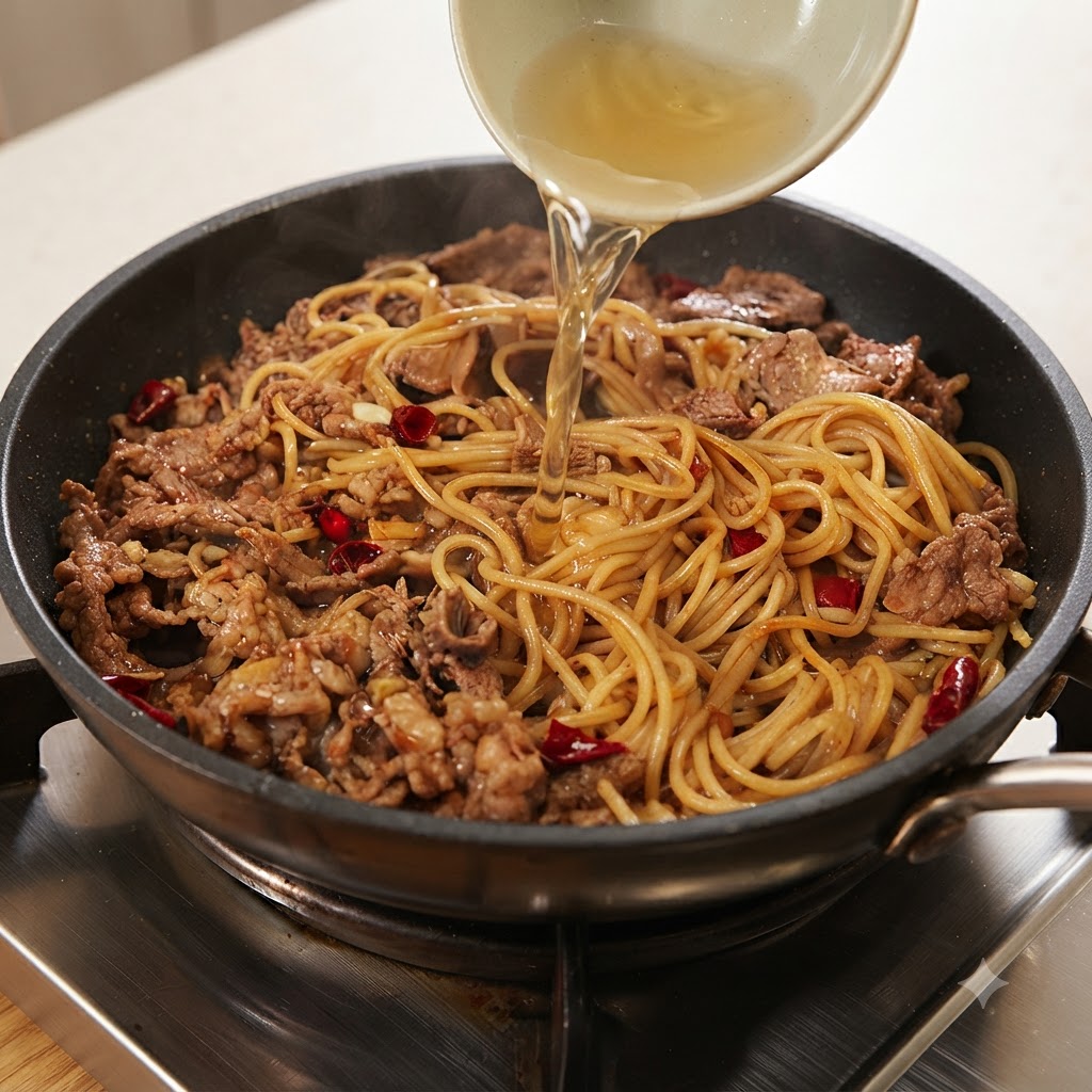 小さなボウルからパスタのゆで汁を麺と牛肉のフライパンに注いでいる様子。