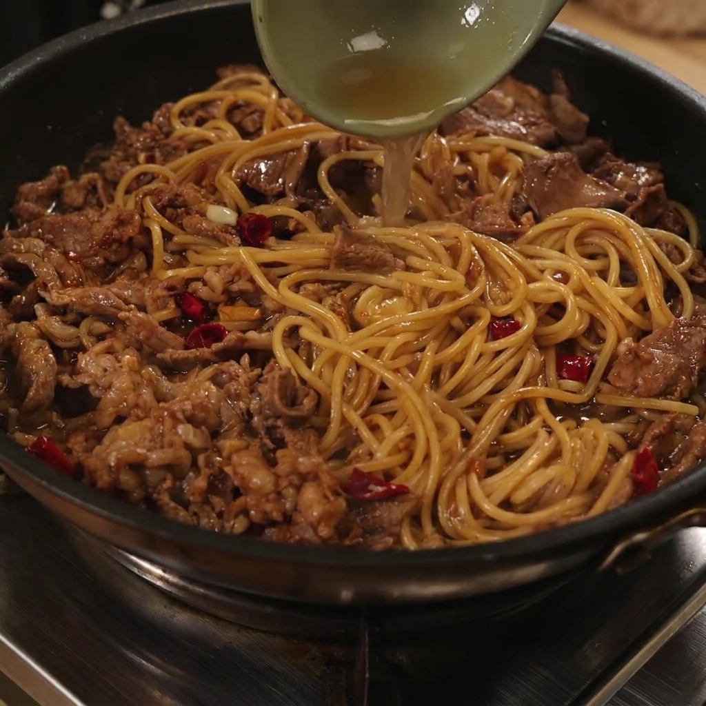 お玉でリキッドを加えながら、フライパンの中で牛肉と麺をしっかりと混ぜ合わせている様子。