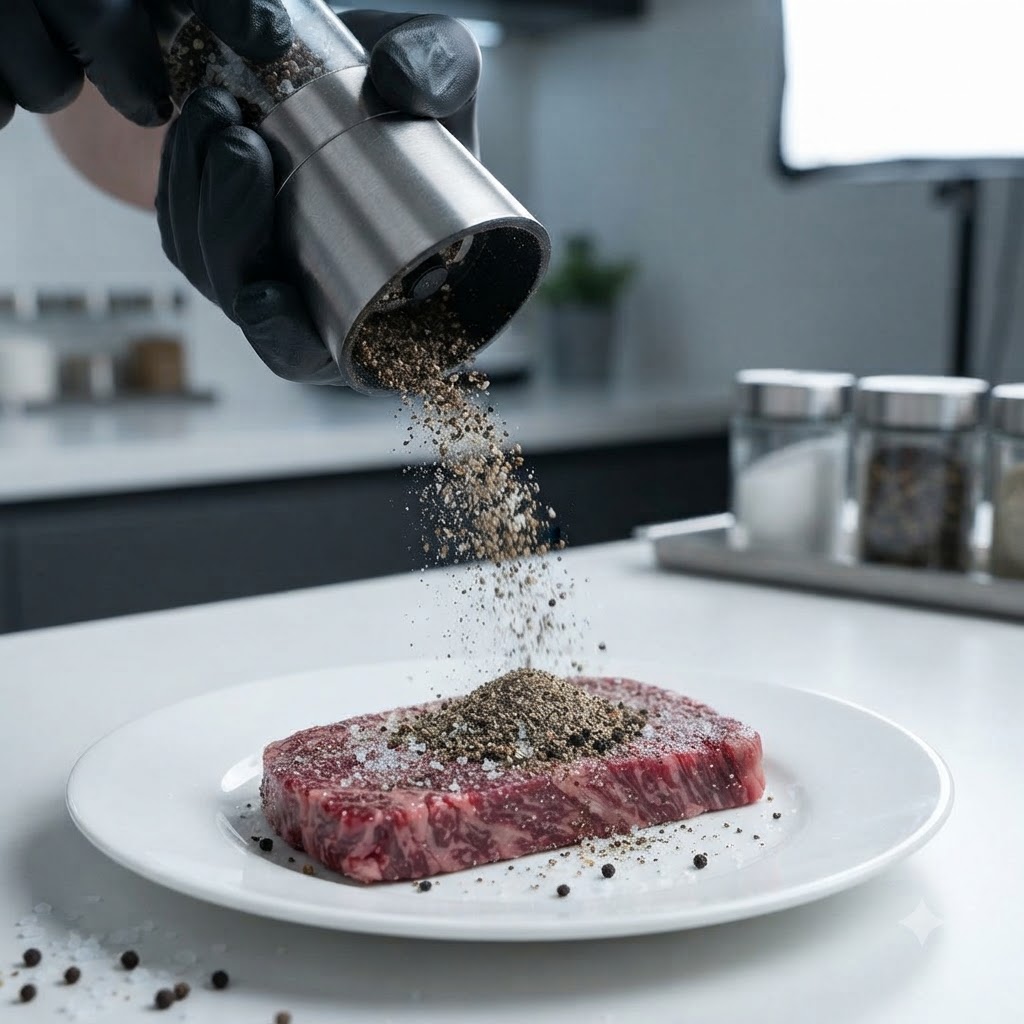 手袋を着用した手が、白い皿の上の生ステーキにブラックペッパーと塩をミルで挽きかけているクローズアップ。