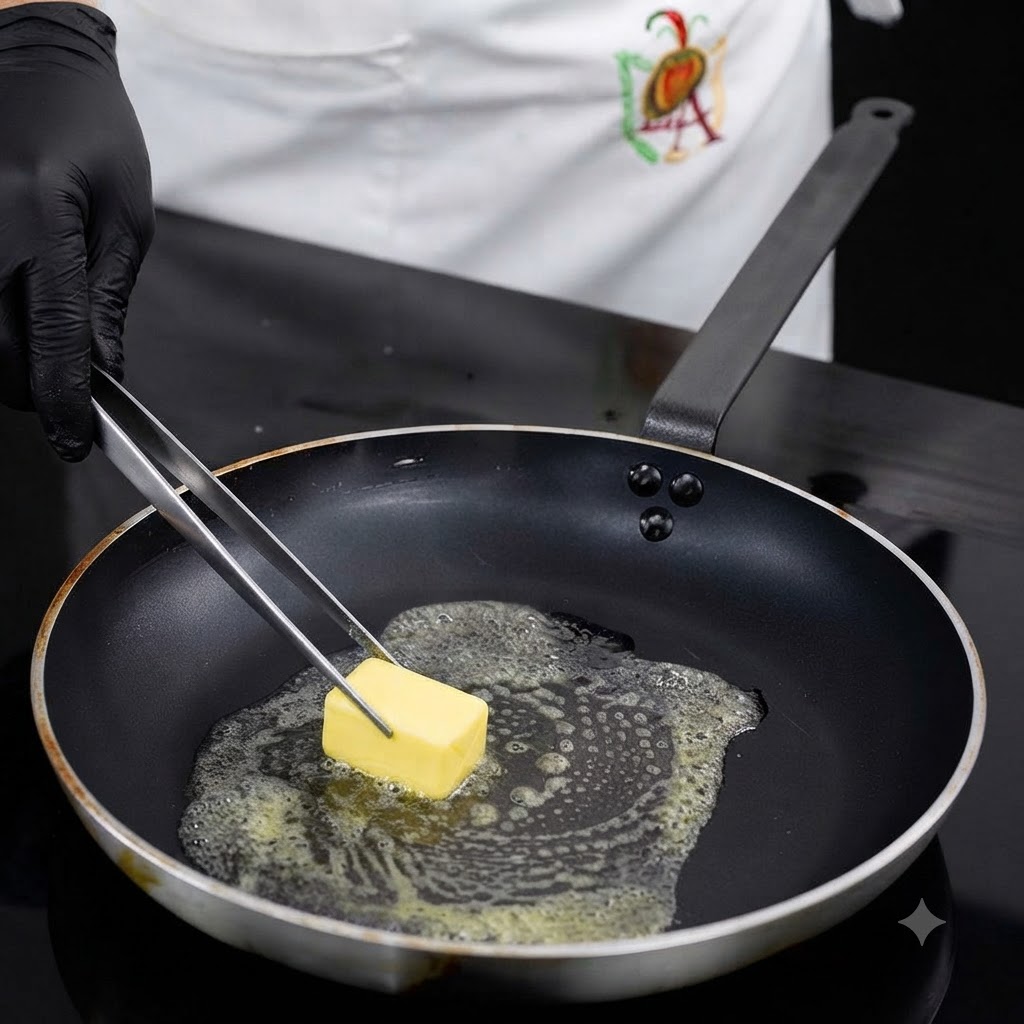 トングを使って、熱したフライパンの植物油の中でバターの塊が溶けていく様子。