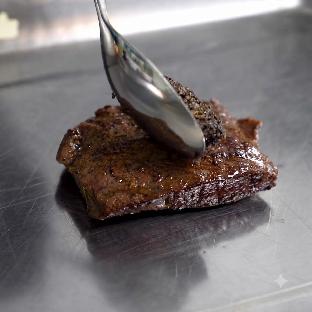 スチール製のトレイに置かれた焼き色のついたステーキに、黒トリュフペーストをスプーンで塗っている様子。