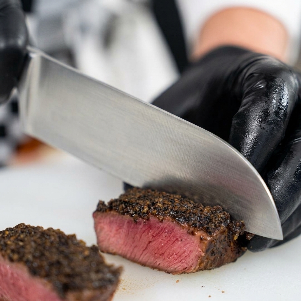 黒い手袋を着用したシェフが、暗いトリュフのクラストがついた焼き上がりステーキをまな板の上で3つのセクションに切り分け、ピンク色の断面を露わにしている様子。