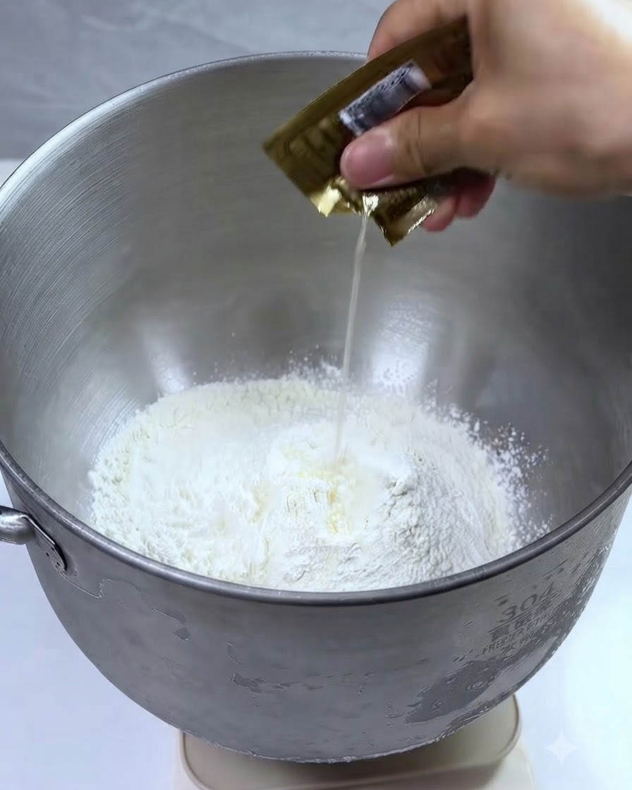 ボウルに入った小麦粉に、ドライイーストと水が注がれている様子。