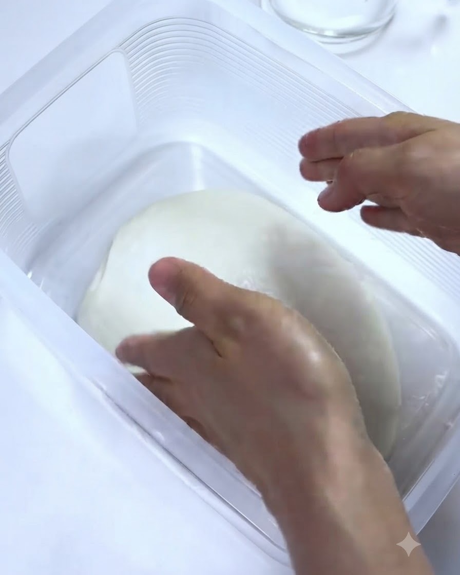 濡らした手を使って、容器の中で生地を折りたたむ動作をしている様子。