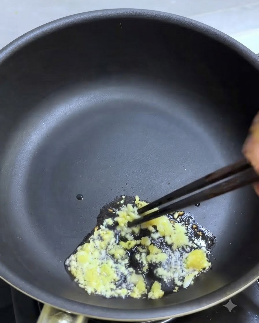 フライパンで箸を使いながら、油でにんにくを炒めている様子。
