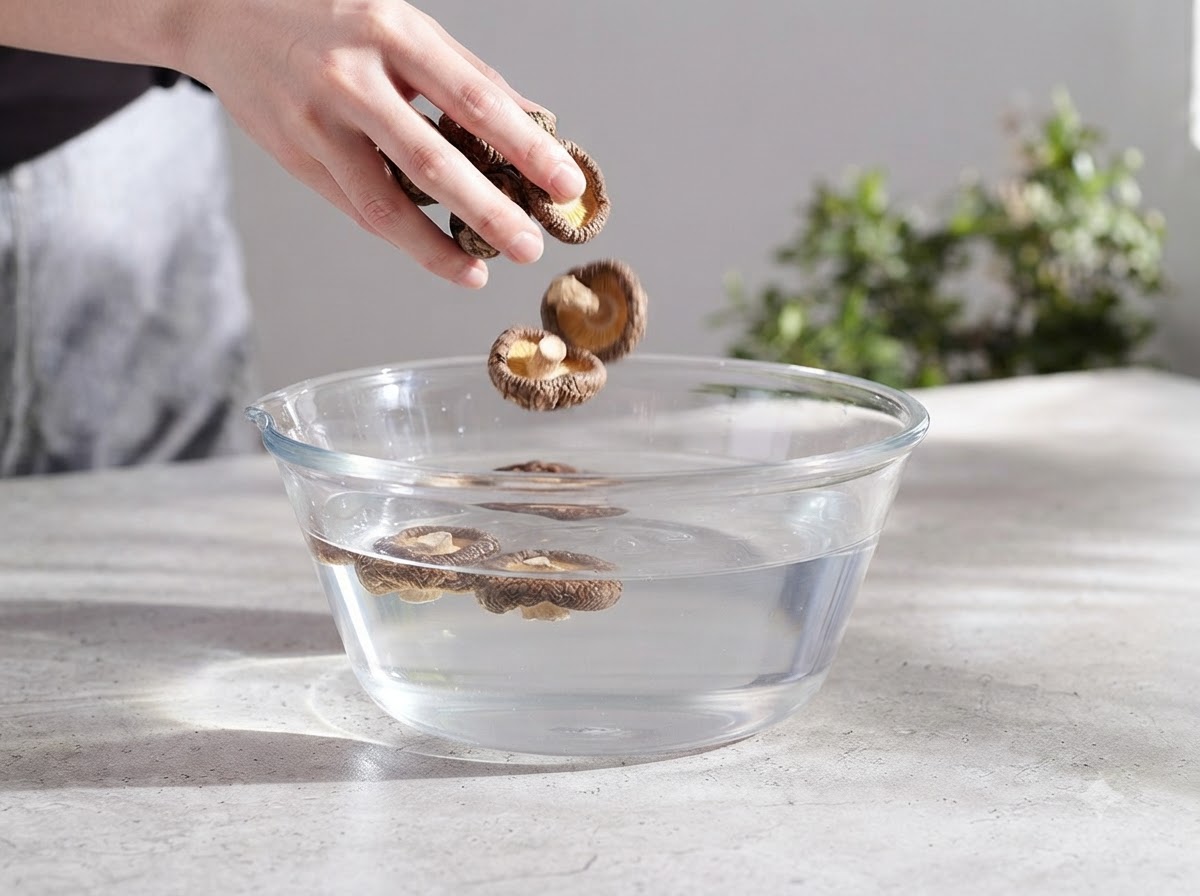 水を入れたガラスボウルに浸されている乾燥シイタケと乾燥茶樹茸。