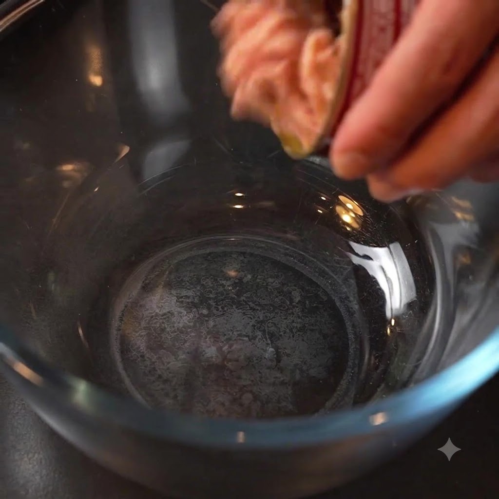 透明なボウルに、缶から水気を切ったツナを入れている様子。