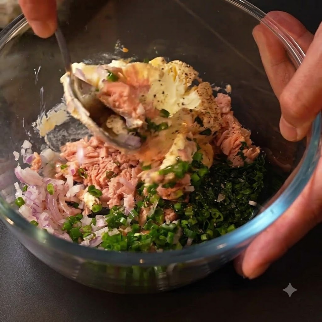 ガラスボウルの中で、スプーンを使ってツナ、クリームチーズ、ハーブ、スパイスをしっかりと混ぜ合わせている様子。