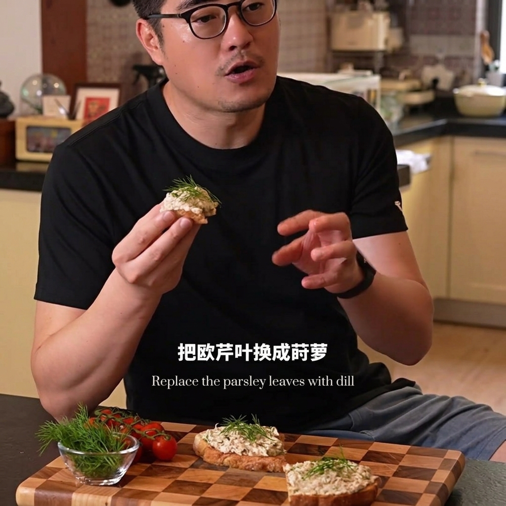 完成したツナチーズのオープンサンドを手に持っている様子。背景には他のサンドイッチやフレッシュハーブ、チェリートマトを入れたボウルが木製ボードに並んでいる。