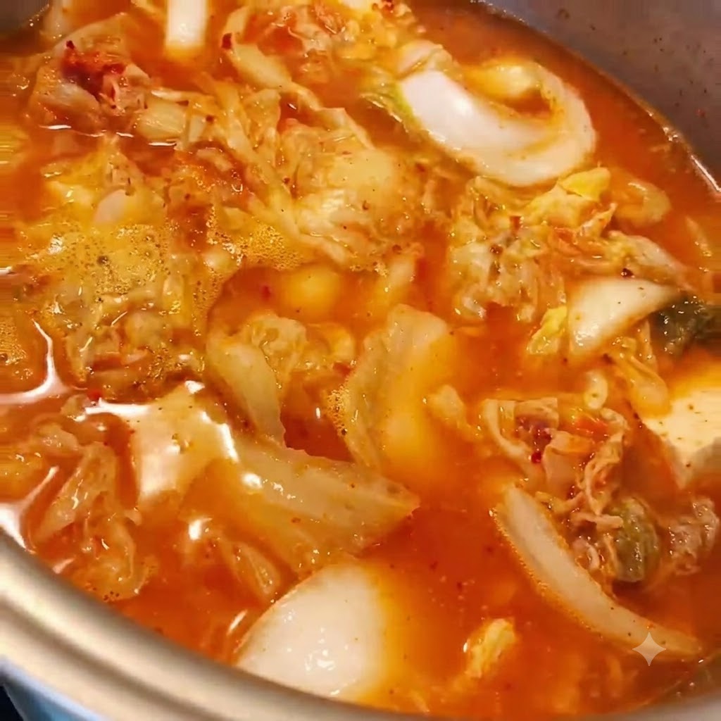 蓋をしてキムチチゲを煮込んでいる金属製の鍋の様子。