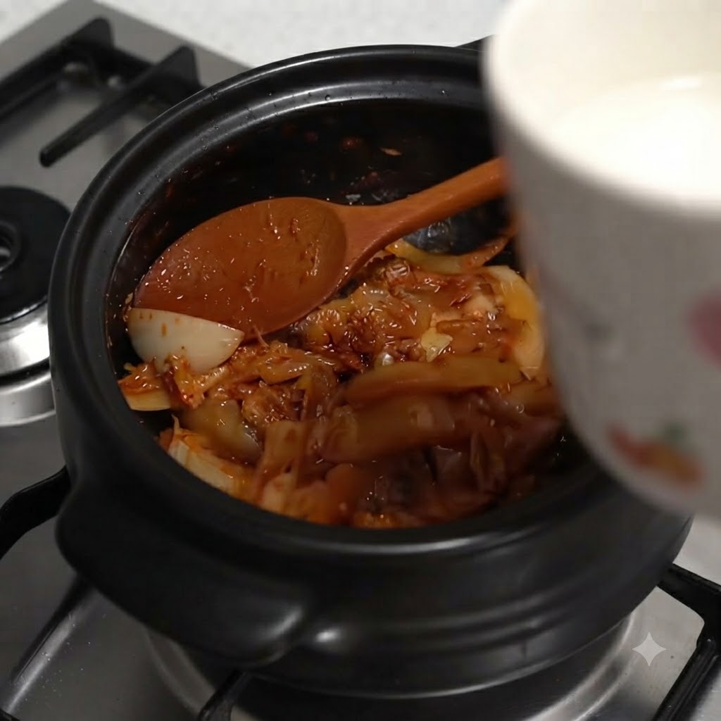 炒めたキムチと玉ねぎが入った鍋に、白いカップから水が注がれている様子。