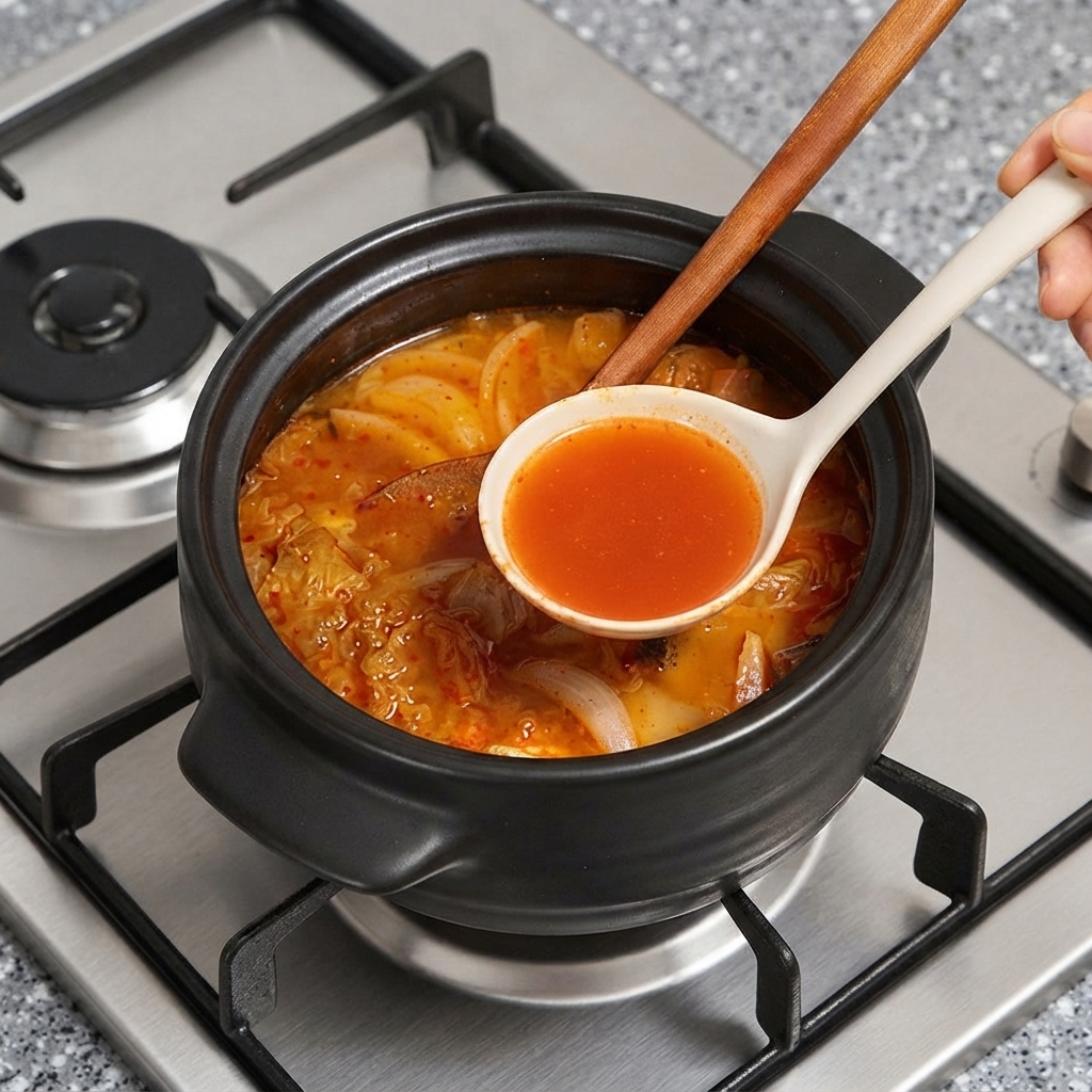 暗い色の調理鍋の上で、白いスプーンに赤いキムチのスープの汁がすくい取られている様子。