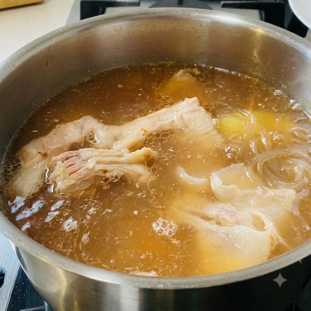よく混ぜ合わせた味噌のペーストが、スープ、豚バラ肉、じゃがいもの入った沸騰した鍋に注がれている様子。