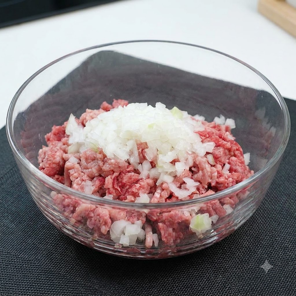 ガラスボウルに入った生ひき肉と玉ねぎの混合物の上に、ガーリックパウダー、塩、こしょう、濃い色のウスターソースが乗っている様子。