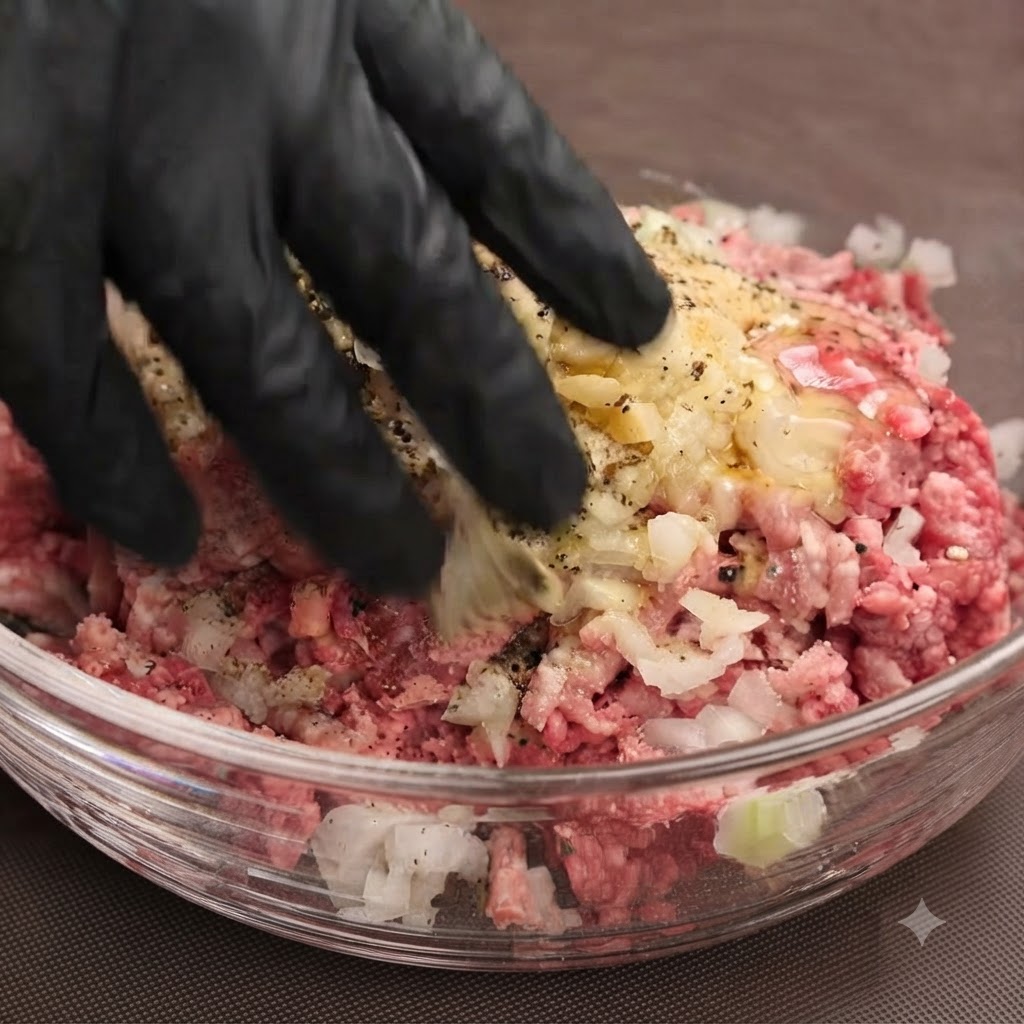 黒い手袋をした手が、ガラスボウルの中で生の牛ひき肉、豚ひき肉、調味料をこねて混ぜ合わせている様子。