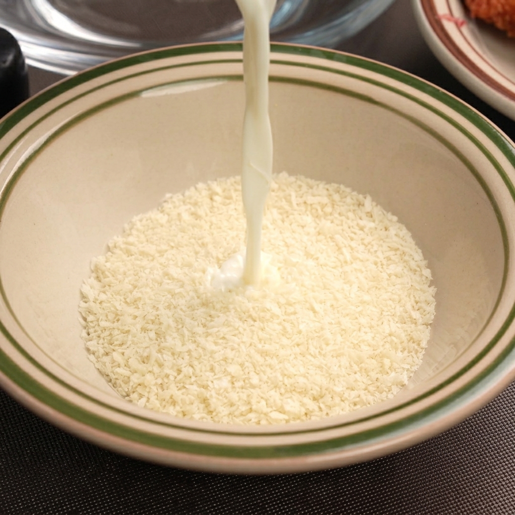 乾燥パン粉が入ったボウルに、白い牛乳が上から注がれている様子。