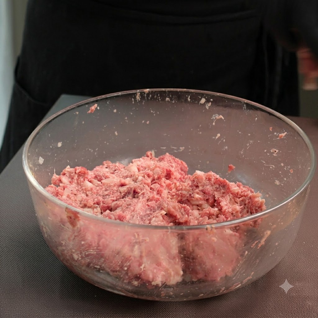 計量器の上で1人分の肉だねを取り分け、丸めている様子。