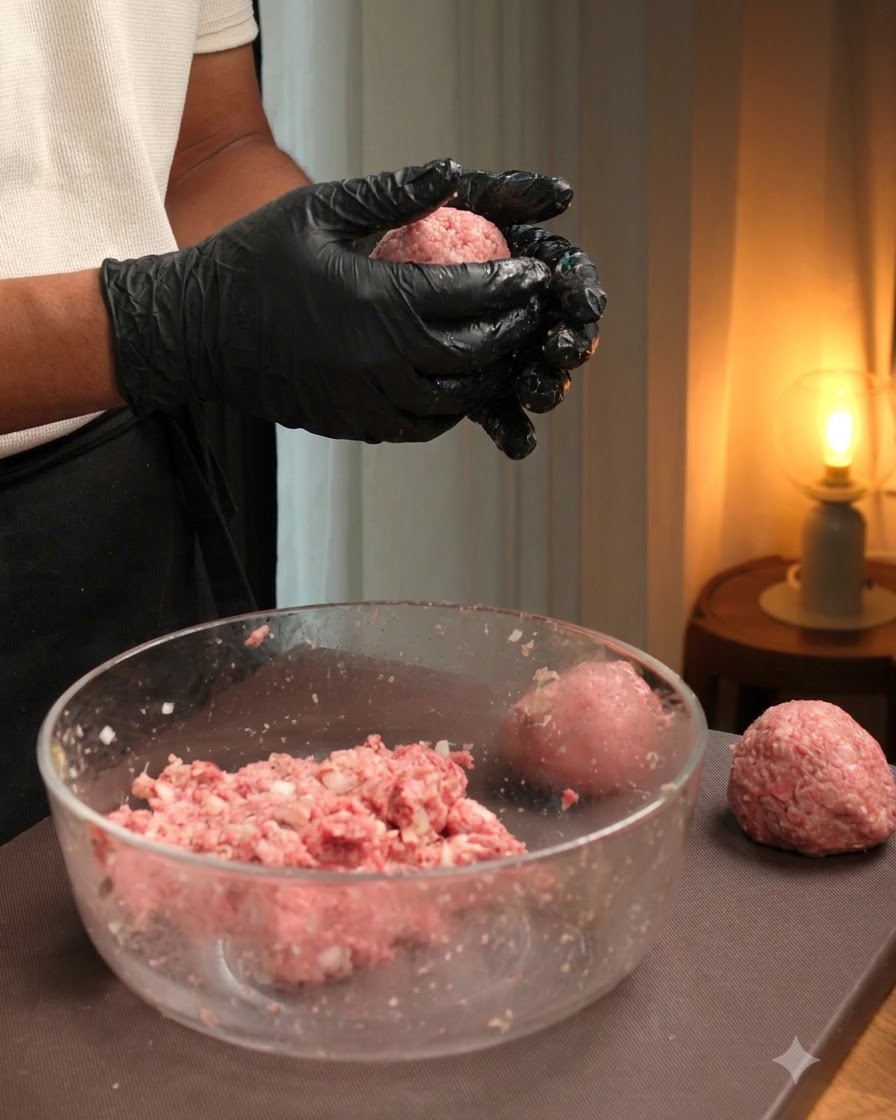 肉だねを形を整え、型を使って丸いハンバーグパティにしっかり詰めている様子。
