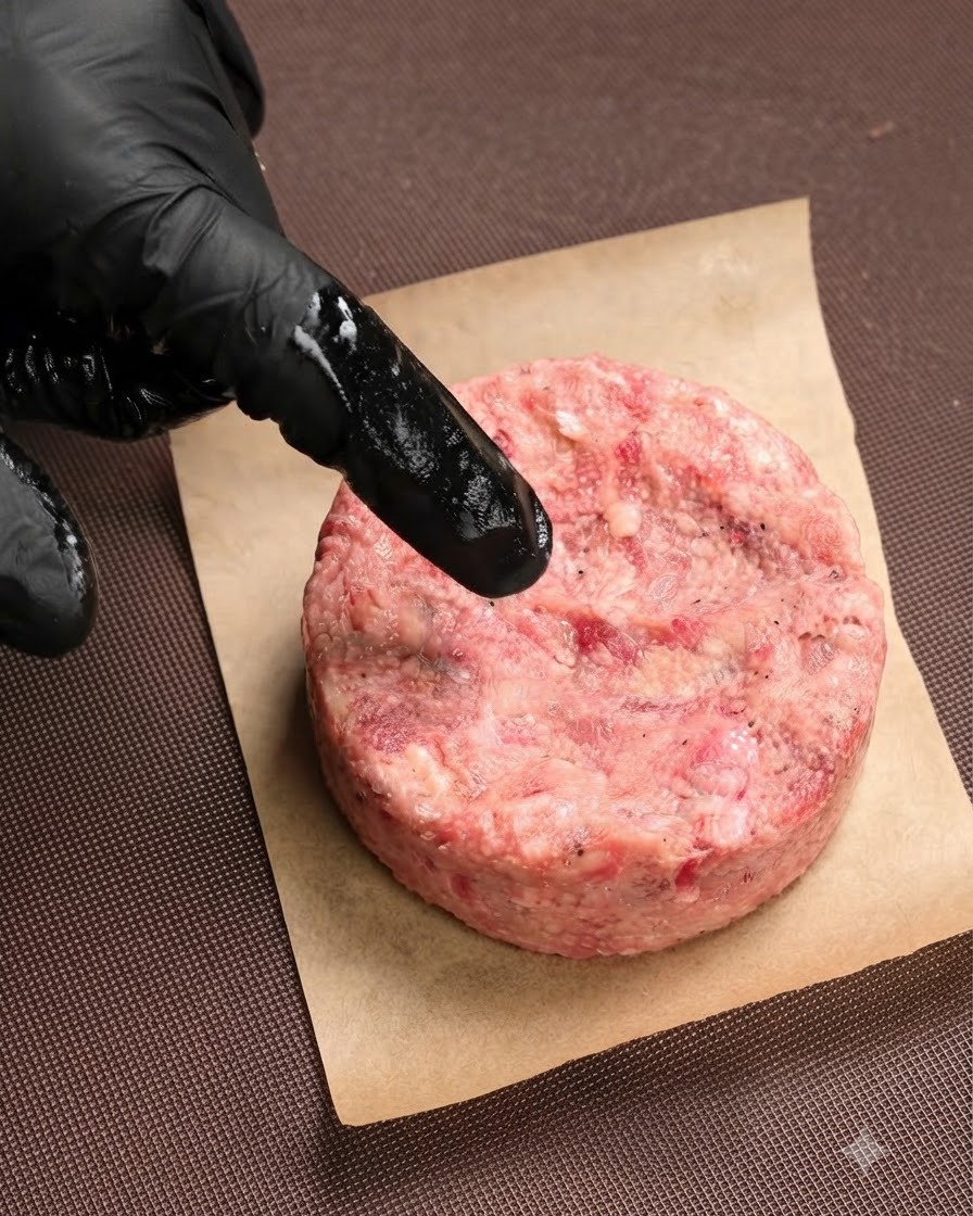 パーチメントペーパーの上に置かれた生のハンバーグパティの中央に、手袋をした指で小さな窪みをつけている様子。