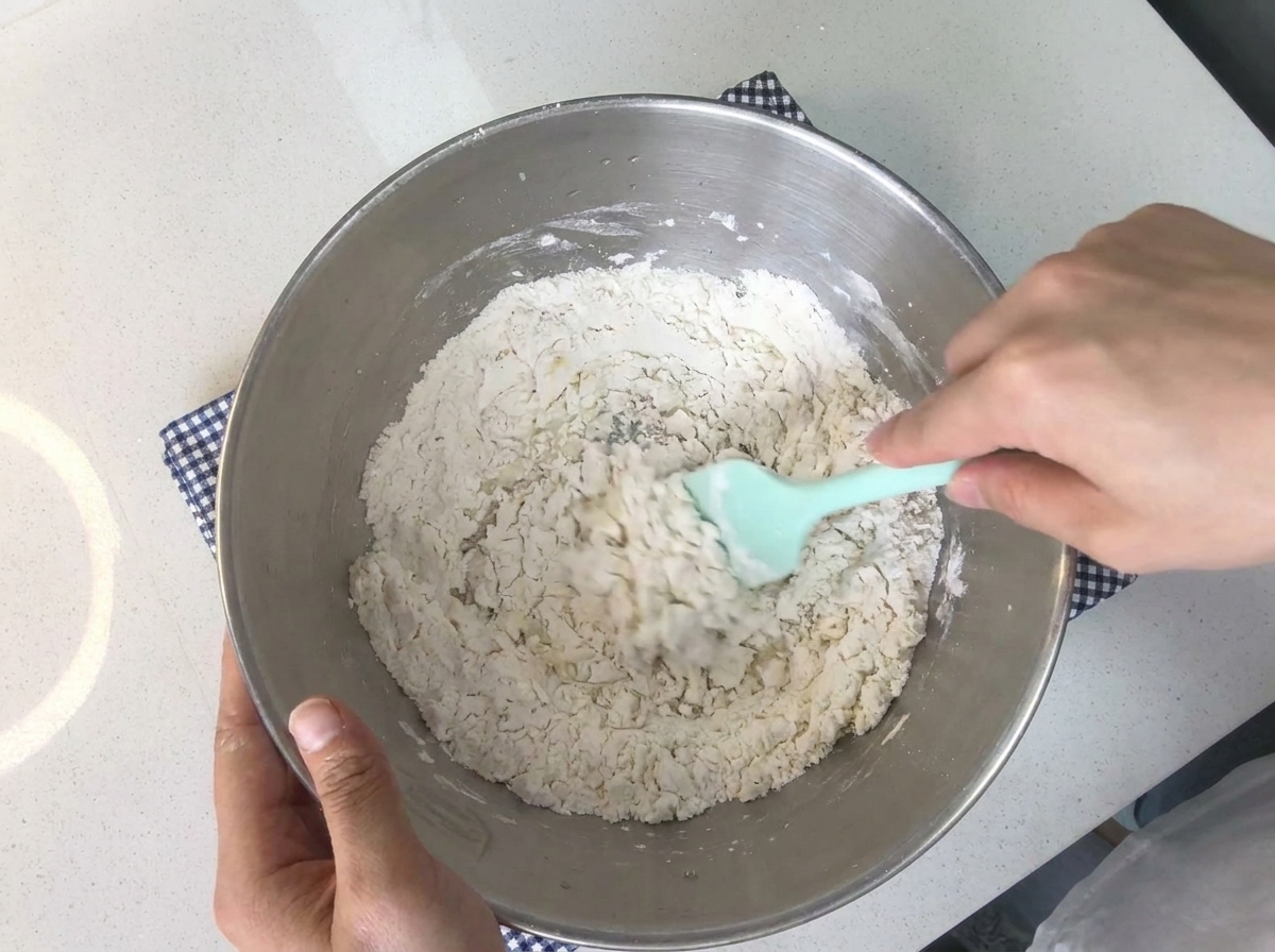 ステンレスのボウルの中で、手を使って力強く生地をこねて混ぜ合わせている様子。
