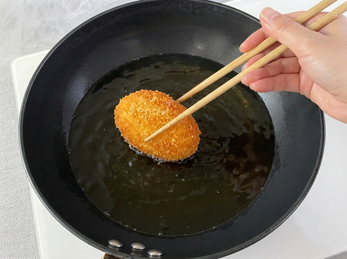 パン粉をまぶして熱した油で揚げられた生地の球を、菜箸で持ち上げている様子。