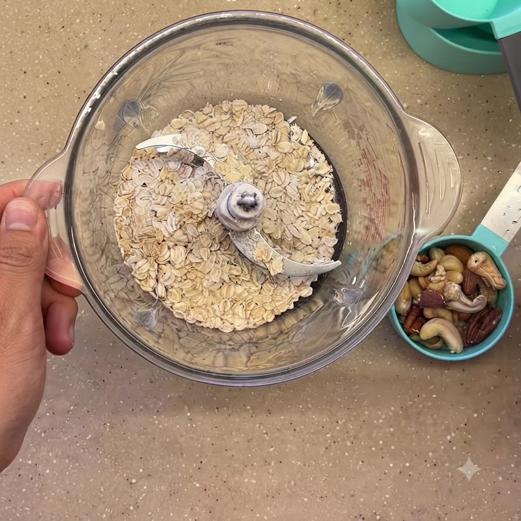 ガラス製ブレンダーの容器の中に計量されたロールドオーツが入っており、隣にはナッツの計量カップが置かれている。