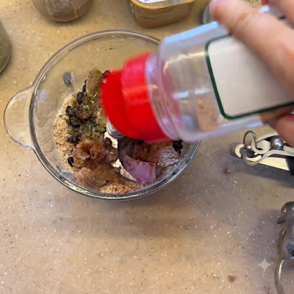 残りの食材が入ったブレンダーボウルに、ボトルからガーリックパウダーが振り入れられている。