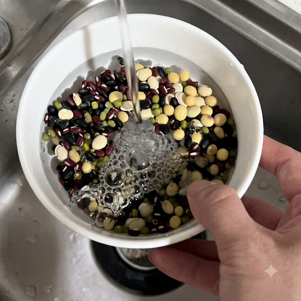 自来水从水龙头流进装满杂色豆子的白色碗中。