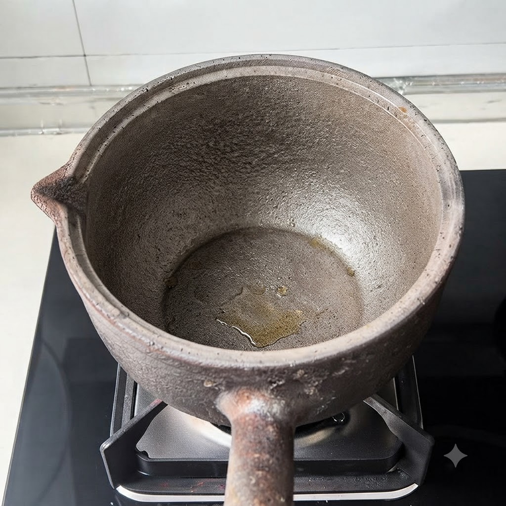 一个传统的砂锅放在炉灶上，底部有少量液体。