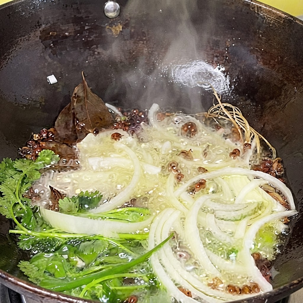 深い中華鍋の中の熱した油の中で、湯気を立てながら香りを放つスライス玉ねぎとホールスパイス。