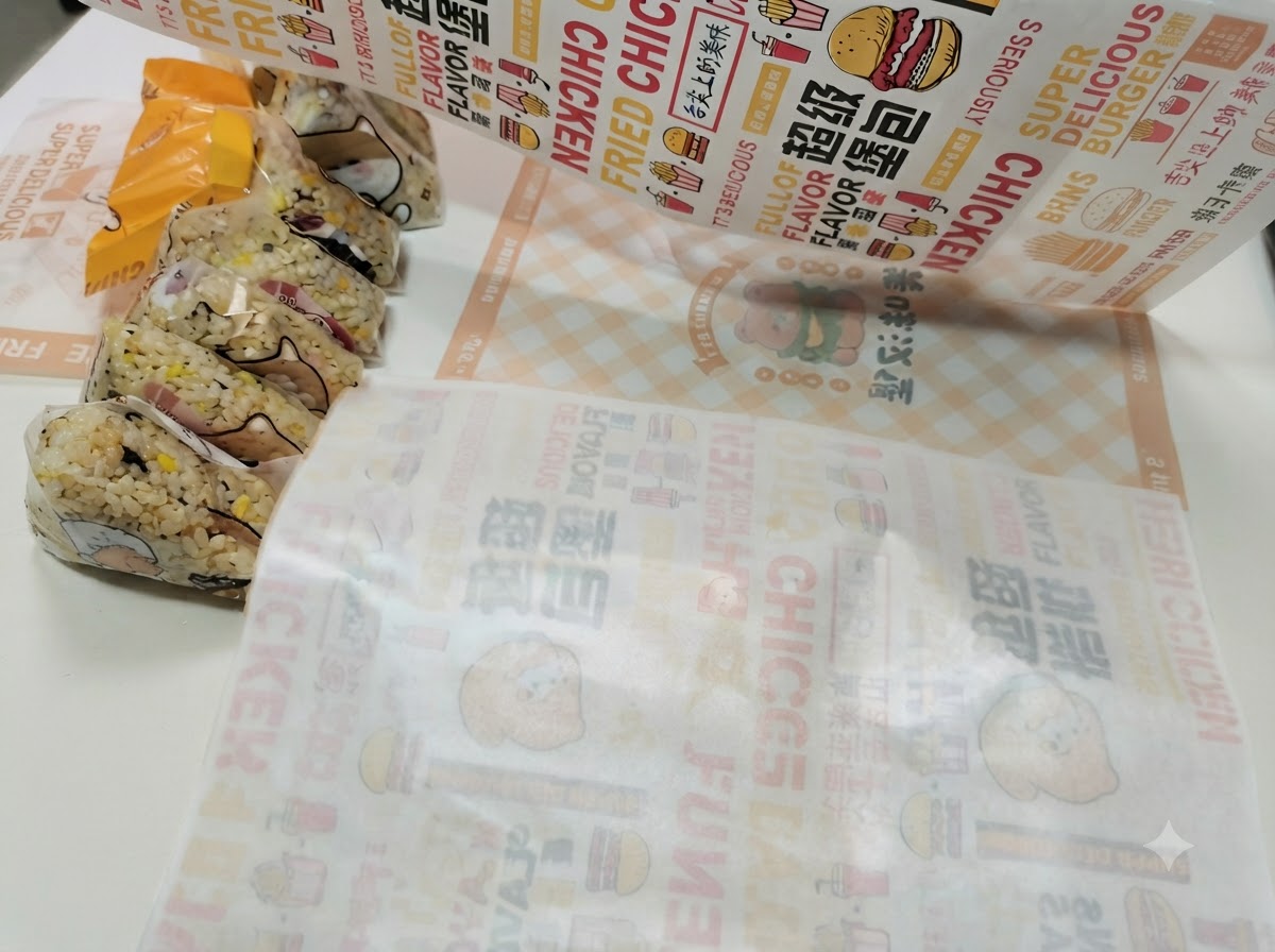 柄のある面を下にして平らに置かれ、その上に温めたバンズの半分が置かれたバーガー包装紙。